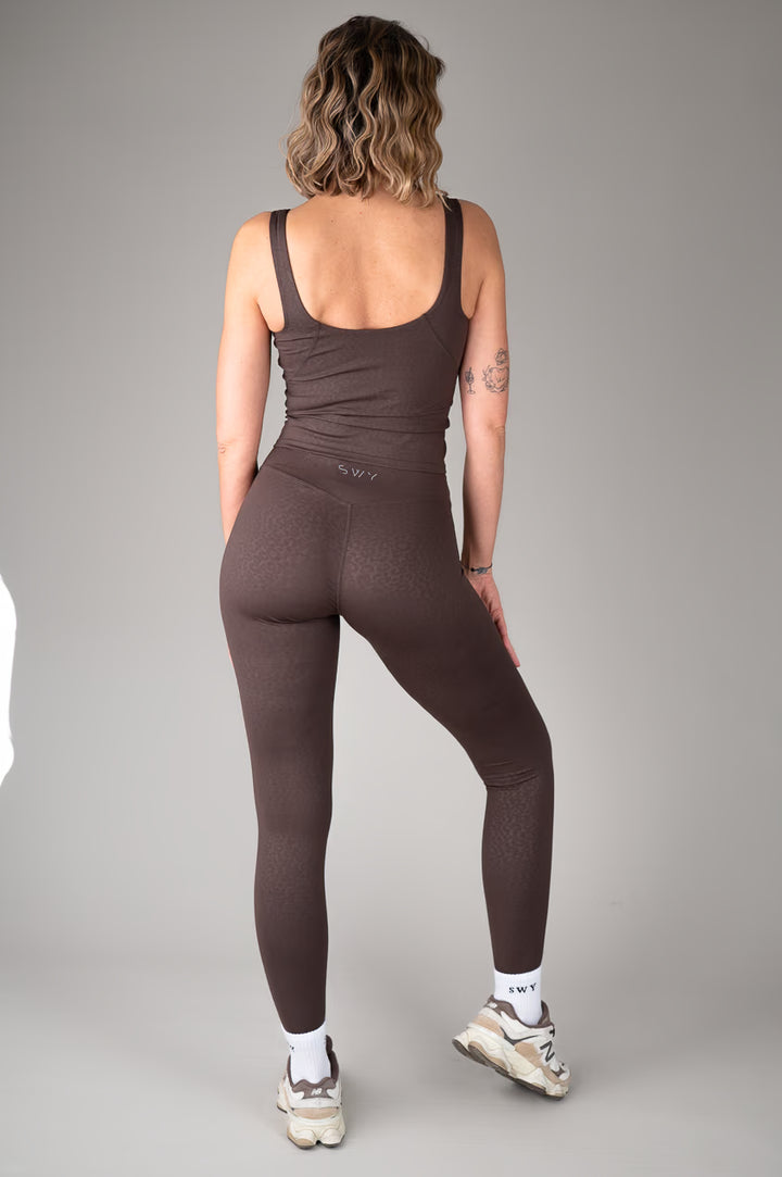 Brown Leopard Tank Top with leggings, back shot