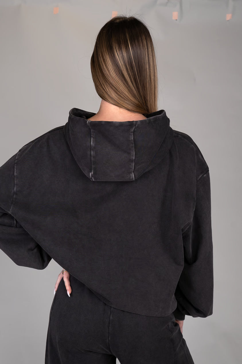 Washed Black Hoodie back view, hood